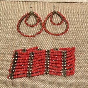 Cookie Lee Red Beaded Hoop Earrings and Stretch Bracelet Set